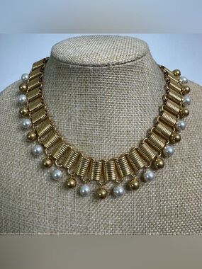 Egyptian Simulated Pearl Choker Necklace Gold Tone Book Link Cleopatra 16-18”